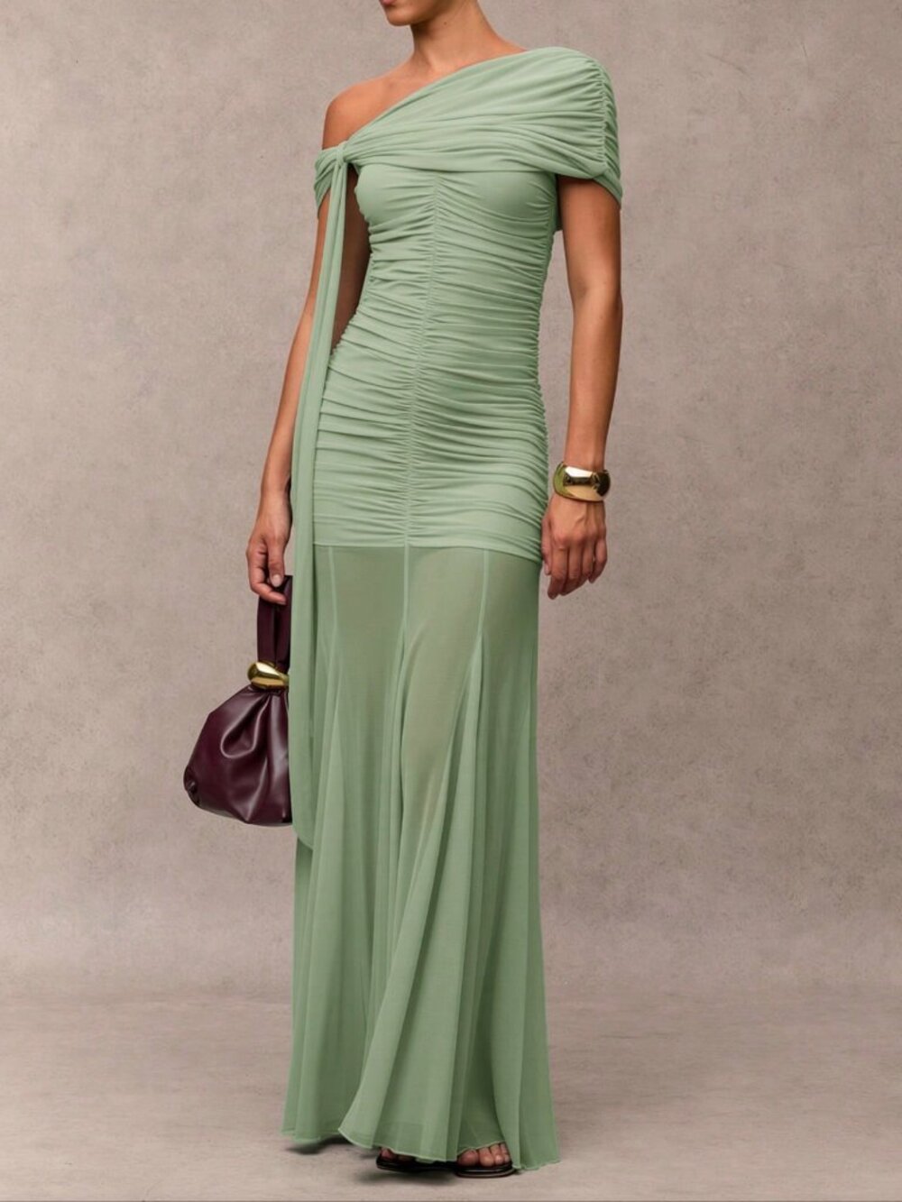 Mint Green Elegant Women's Asymmetric neckline maxi Dress - Picture 5 of 6